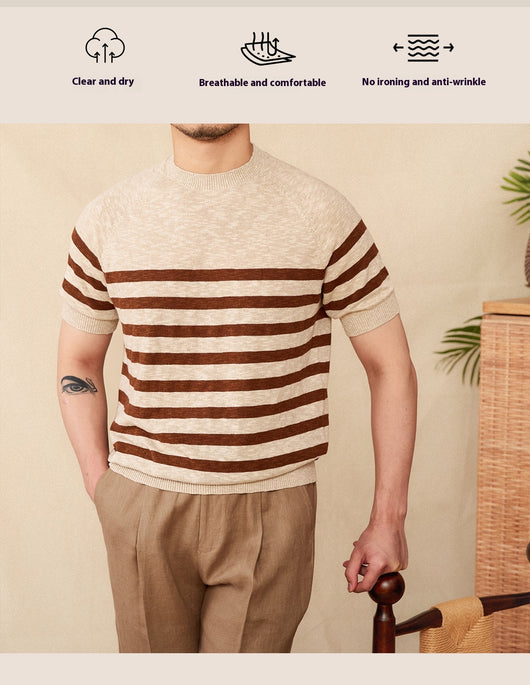Camiseta de Algodón con Rayas - Cuello Redondo Manga Corta Comfort - Image 11