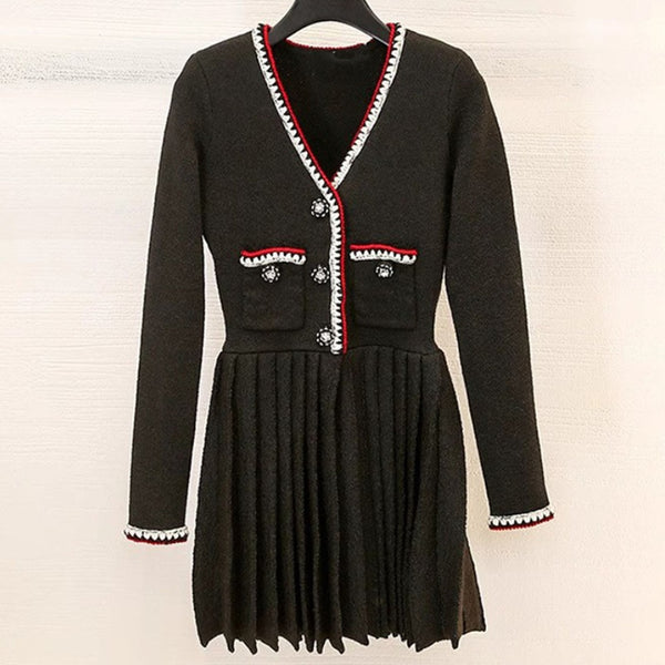 Vestido de Punto Negro Escote en V para Mujer