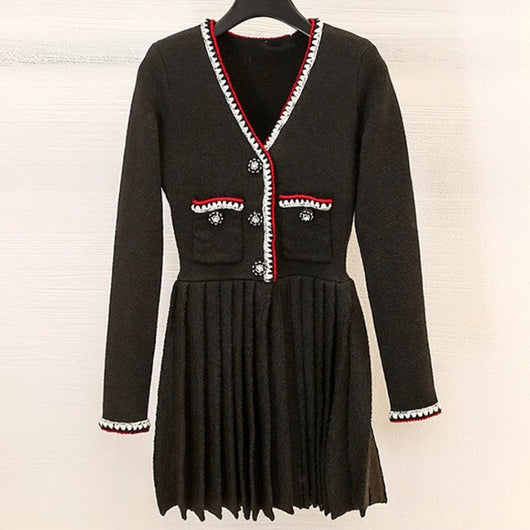 Vestido de Punto Negro Escote en V para Mujer