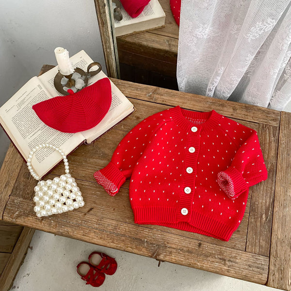 Cardigan Tejido Jacquard Rojo para Niña - Abrigo Elegante Otoño