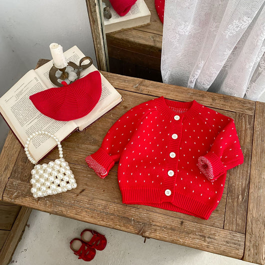 Cardigan Tejido Jacquard Rojo para Niña - Abrigo Elegante Otoño