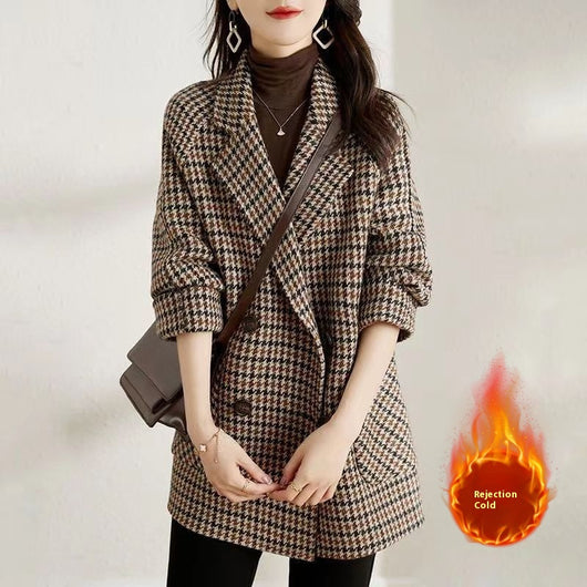 Abrigo de Lana Cuadros Houndstooth con Cuello Tipo Blazer para Mujer - Image 4