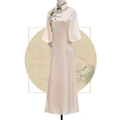 Vestido Cheongsam Disco con Bordado Floral Durazno y Beige - Image 8