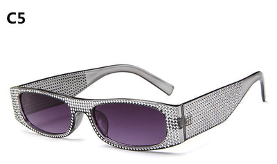 Yellow rectangular sunglasses with clear rhinestone-studded frames and matching yellow lenses. - Image 5