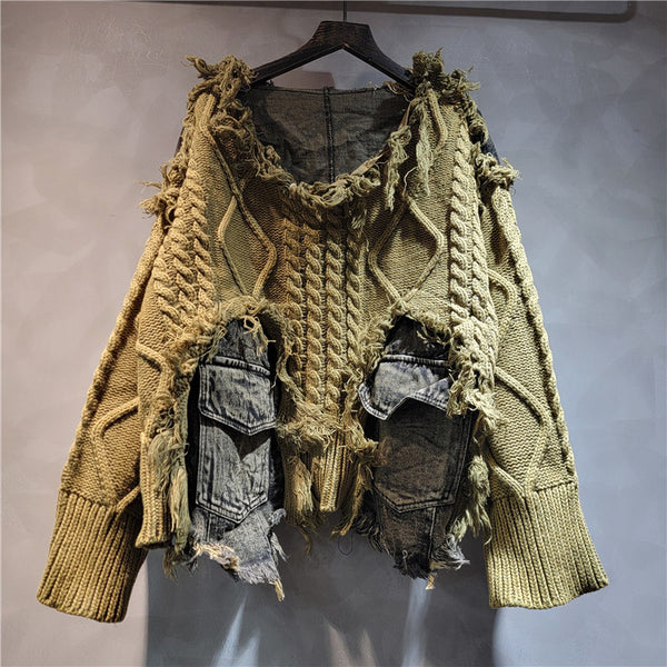 Suéter de Cuello Redondo Denim con Tejido Trenzado y Costuras de Diseño