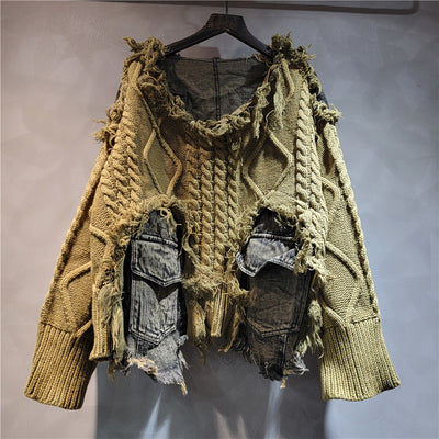 Suéter de Cuello Redondo Denim con Tejido Trenzado y Costuras de Diseño