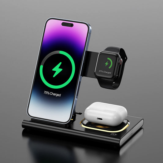 Cargador Inalámbrico 3 en 1 de 15W con Luz Nocturna y Soporte para Apple Watch