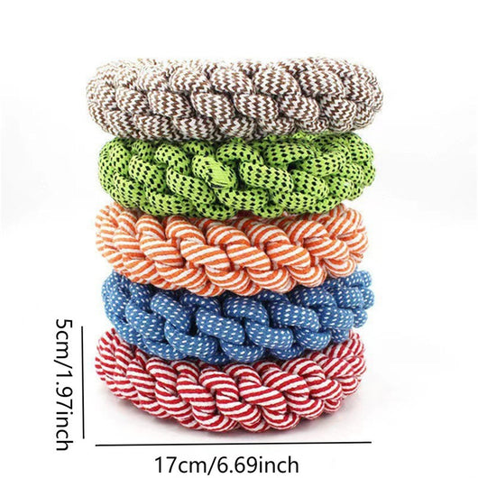 Stack of five durable braided rope dog toys in brown, green, orange, blue, and red, suitable for chewing. - Image 4