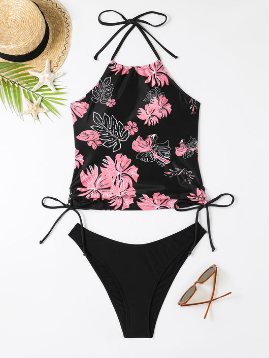 Black halter-neck tankini swimsuit with pink and white floral print, paired with solid black high-cut bikini bottoms. - Image 12