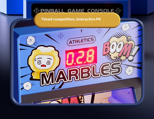 Red tabletop marble game machine with a joystick, buttons, and a lighted display, featuring colorful marbles. - Image 13