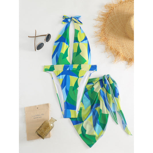 Sexy lace-up backless beach swimwear skirt set with a vibrant blue, green, and yellow geometric print. - Image 2