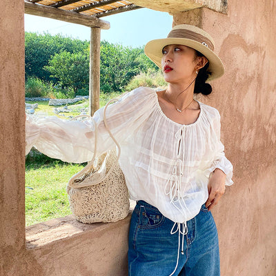 Blusa Francesa Blanca de Manga Larga para Mujer - Image 3