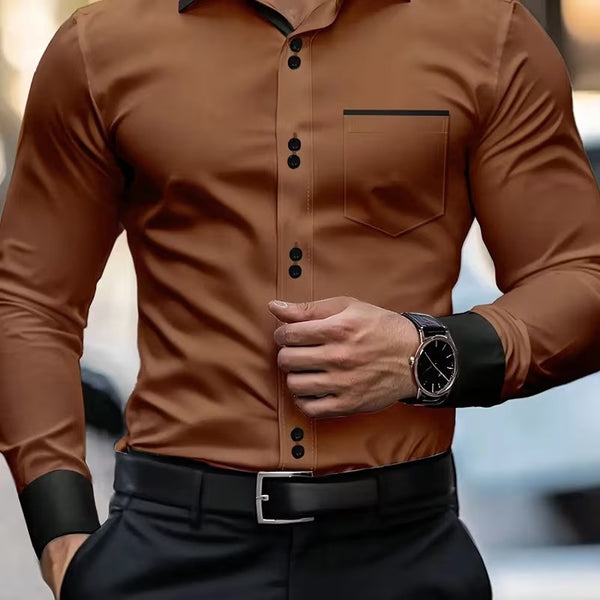 Camisa Casual de Manga Larga con Bolsillo y Color Liso para Hombre