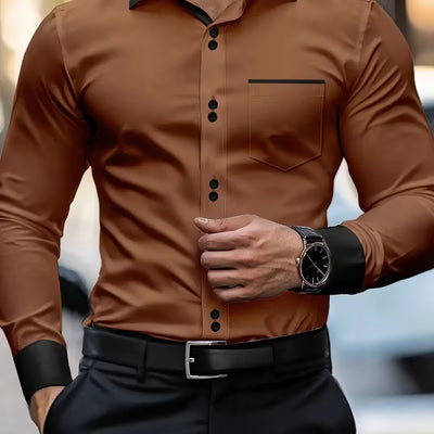 Camisa Casual de Manga Larga con Bolsillo y Color Liso para Hombre