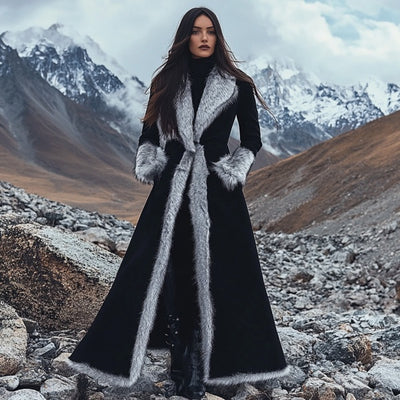 Abrigo Largo Mujer Invierno Estilo Étnico Retro Gamuza con Borde de Pelaje Sintético Negro - Image 9