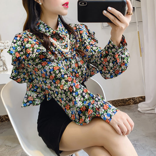 Blusa Floral de Chifón con Cuello de Muñeca y Volantes Encadenados - Image 8
