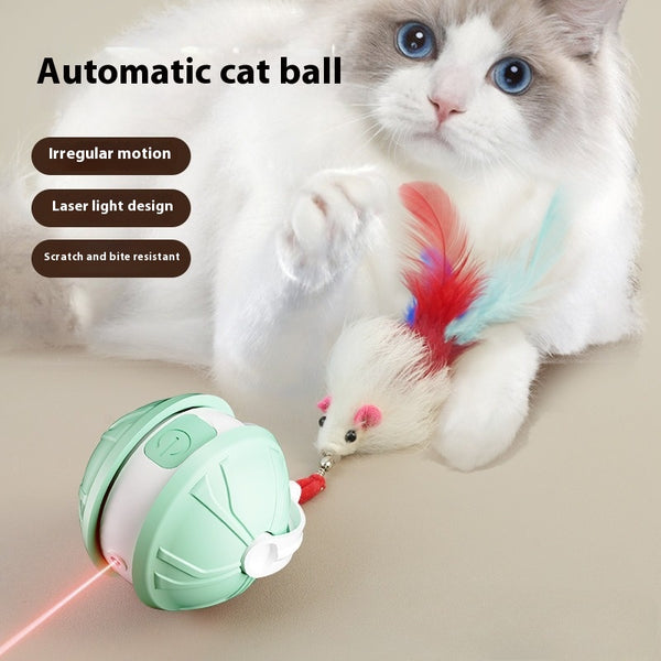 Green and white electric intelligent pet laser toy ball with power button, shown with mouse and worm attachments.