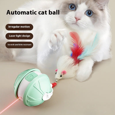 Green and white electric intelligent pet laser toy ball with power button, shown with mouse and worm attachments.