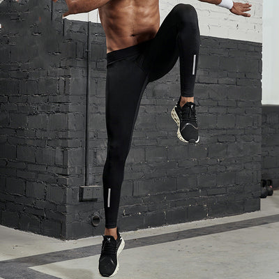 Black men's fitness pants with a tight fit, elastic waistband, and reflective strips on the lower legs. - Image 6