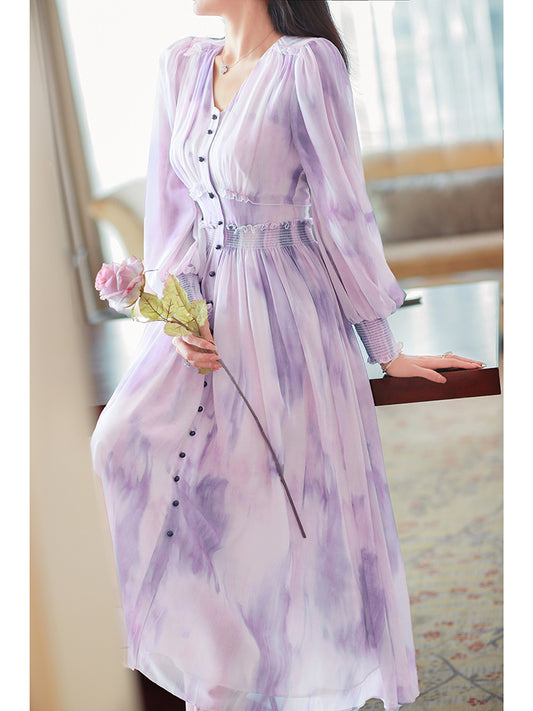 Vestido Largo Escote V Tie-dye Púrpura Estilo Suave