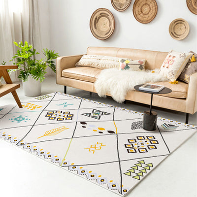 Rectangular area rug with white background and horizontal stripes of black, teal, and yellow tribal patterns. - Image 42