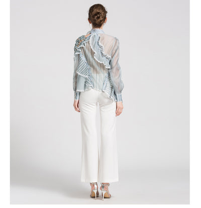 Blusa Corta Mujer Primavera Verde Rayas Organza Transparente Cuello Alto Patchwork Sexy - Image 10