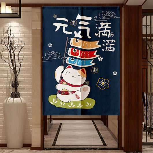 Red fabric door curtain with white polka dots and a repeating pattern of a lucky cat holding a gold coin, surrounded by flowers. - Image 25