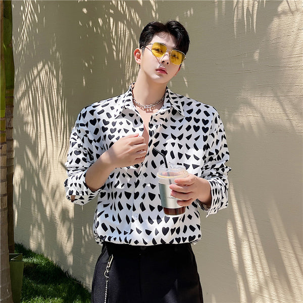 Camisa Manga Larga Hombre Patrón Geométrico Blanco y Negro