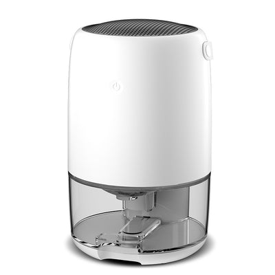 White compact dehumidifier with a transparent water tank, featuring a top grille and a power button. Highlights smart start, defrost, night mode, and quiet oper - Image 5
