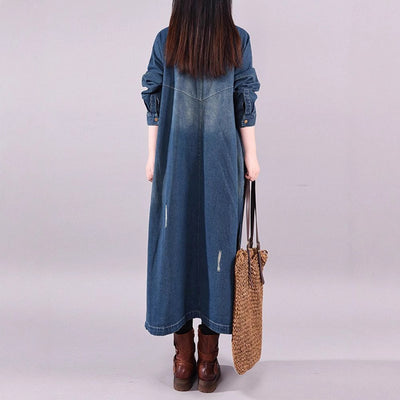 Abrigo Denim Tipo Trench Suelto Retro Desgastado Largo Medio - Image 3