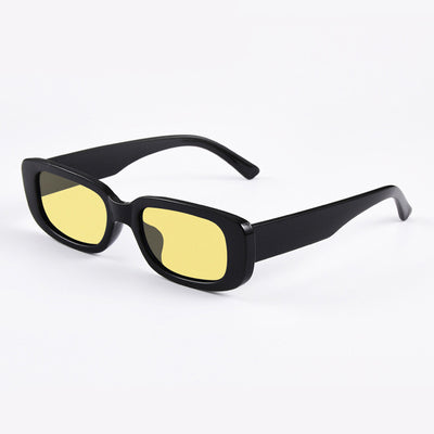 Rectangular tortoiseshell sunglasses with a small frame and dark gray lenses, angled on a white background. - Image 26