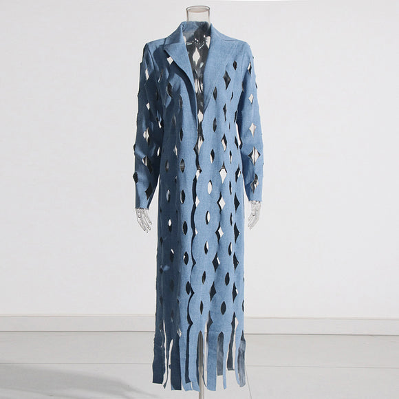 Cardigan Denim Largo con Diseño Hueco y Borlas Retorcidas para Mujer