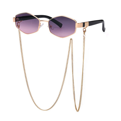 Women's hexagonal sunglasses with dark lenses, gold-colored metal frame, black temples, and a detachable gold chain. - Image 5