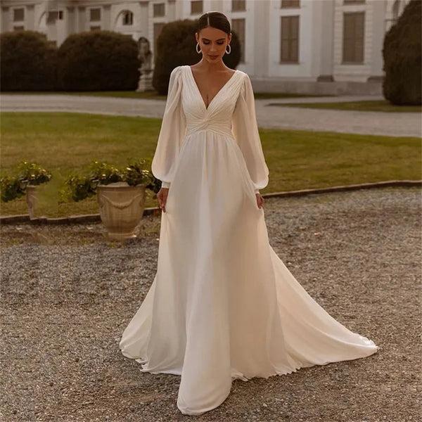 Vestido de Novia Gasa Satinada Escote Profundo Manga Larga