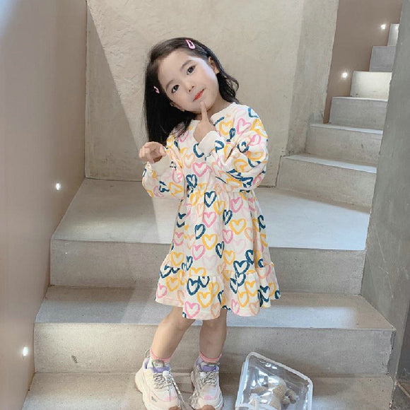 Vestido Infantil Manga Larga con Estampado de Globos de Amor