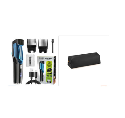 Rechargeable black and blue hair clipper kit with two guide combs, cleaning brush, USB cable, and black storage pouch. - Image 17