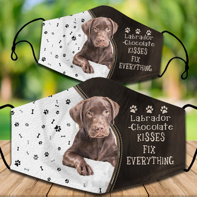 Two cotton face masks with a Bichon Frise dog, paw prints, and bones on a white and brown background. Text reads "Bichon Frise KISSES FIX EVERYTHING." - Image 47