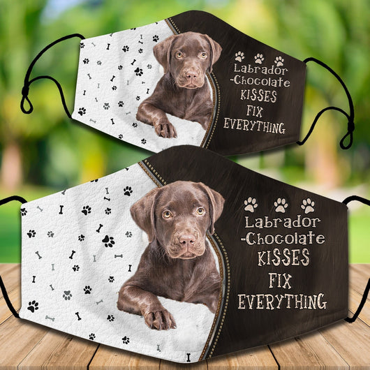 Two cotton face masks with a Bichon Frise dog, paw prints, and bones on a white and brown background. Text reads "Bichon Frise KISSES FIX EVERYTHING." - Image 47