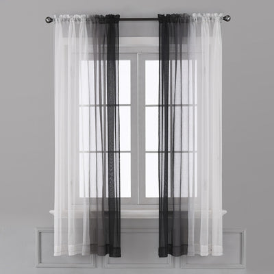 Pink and white gradient sheer rod pocket curtain panels hung on a black rod in front of a window. - Image 3