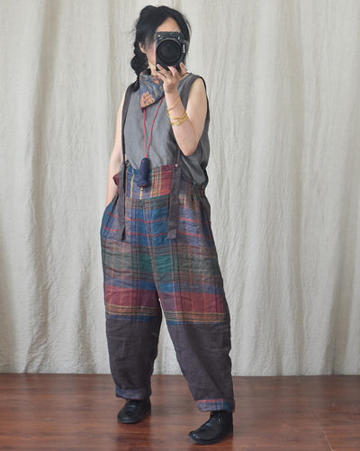 Pantalones de Lino con Tirantes y Patchwork Moderno - Image 19