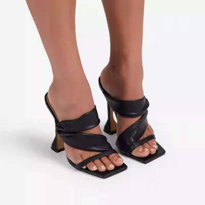 Pantuflas de Tacón Alto Stiletto Cuadrado Dorado Talla Grande para Mujer