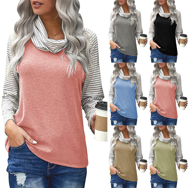 Blusa Mujer a Rayas con Cuello Alto y Mangas Largas