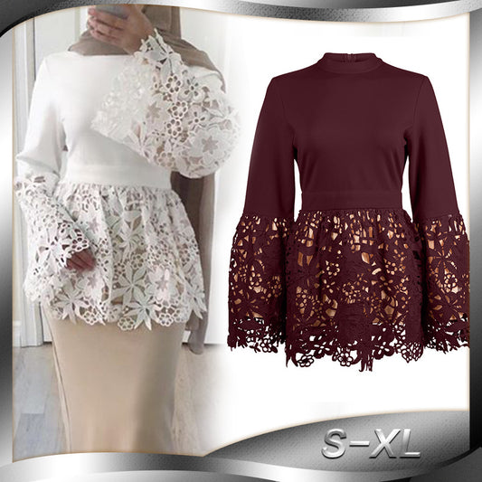 Blusa Elegante Talla Grande con Encaje y Mangas Acampanadas para Mujer