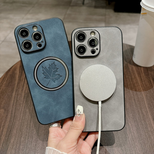 Funda Magnética para Celular en Cuero de Cordero con Diseño de Hoja de Arce