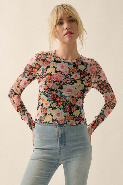 Blusa Elegante de Malla Floral Cuello Redondo Manga Larga Ajustada - Image 13
