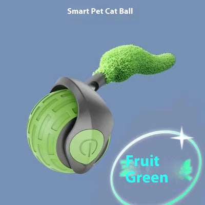 Blue and grey pet toy ball with a green textured tail for cats, shown on a blue background. - Image 7
