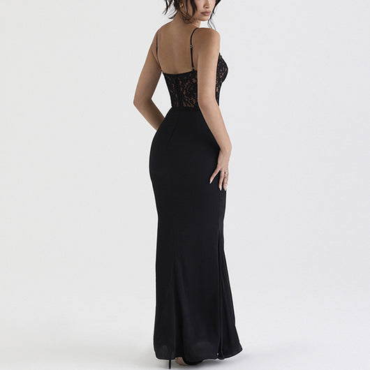 Vestido Largo de Encaje Cintura Alta Escote Profundo con Falda Sirena - Image 4