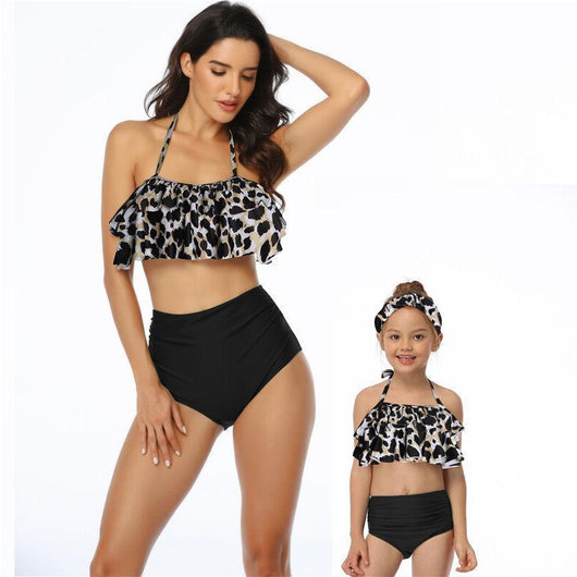 Traje de Baño Coordinado Mamá e Hija con Bikini Estampado Cintura Alta y Volantes - Image 5