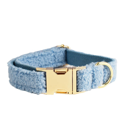 Light blue teddy bear textured dog collar and matching leash set with gold-colored hardware. - Image 22