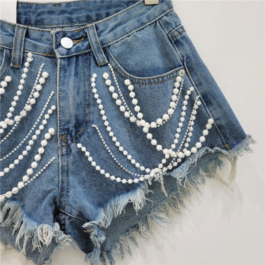 Shorts Denim Mujer Cintura Alta Efecto Reductor con Strass y Flecos - Image 3